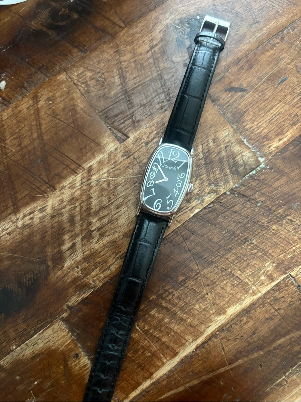 Vintage Bertha Black Leather Strap Watch Art Deco Tonneau Face Silver Tone
